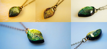 Dichroic chic leaf 見る角度や光の当たり方で変化する表情をぜひお手にとってお楽しみください。 ラフォルム ガラスジュエリー ガラスアクセサリー