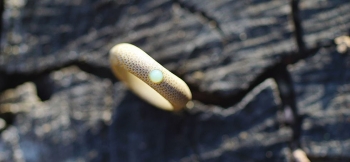 ラフォルム ガラスジュエリー ガラスアクセサリー Banboo ring お手持ちのバンブー(竹)のリングに優しいミントグリーンの色味の小さなガラスルースを設置してお作りしました。優しい雰囲気が素敵なオリジナルリングに仕上がりました、ぜひ末永くご愛…