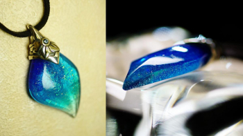 フラワーエンジェル ～ Collaborate glass leaf / Blue ～ トップのサイド面には広い面のカットを施して立体感のあるデザインに仕上げています。 ラフォルム ガラスジュエリー ガラスアクセサリー