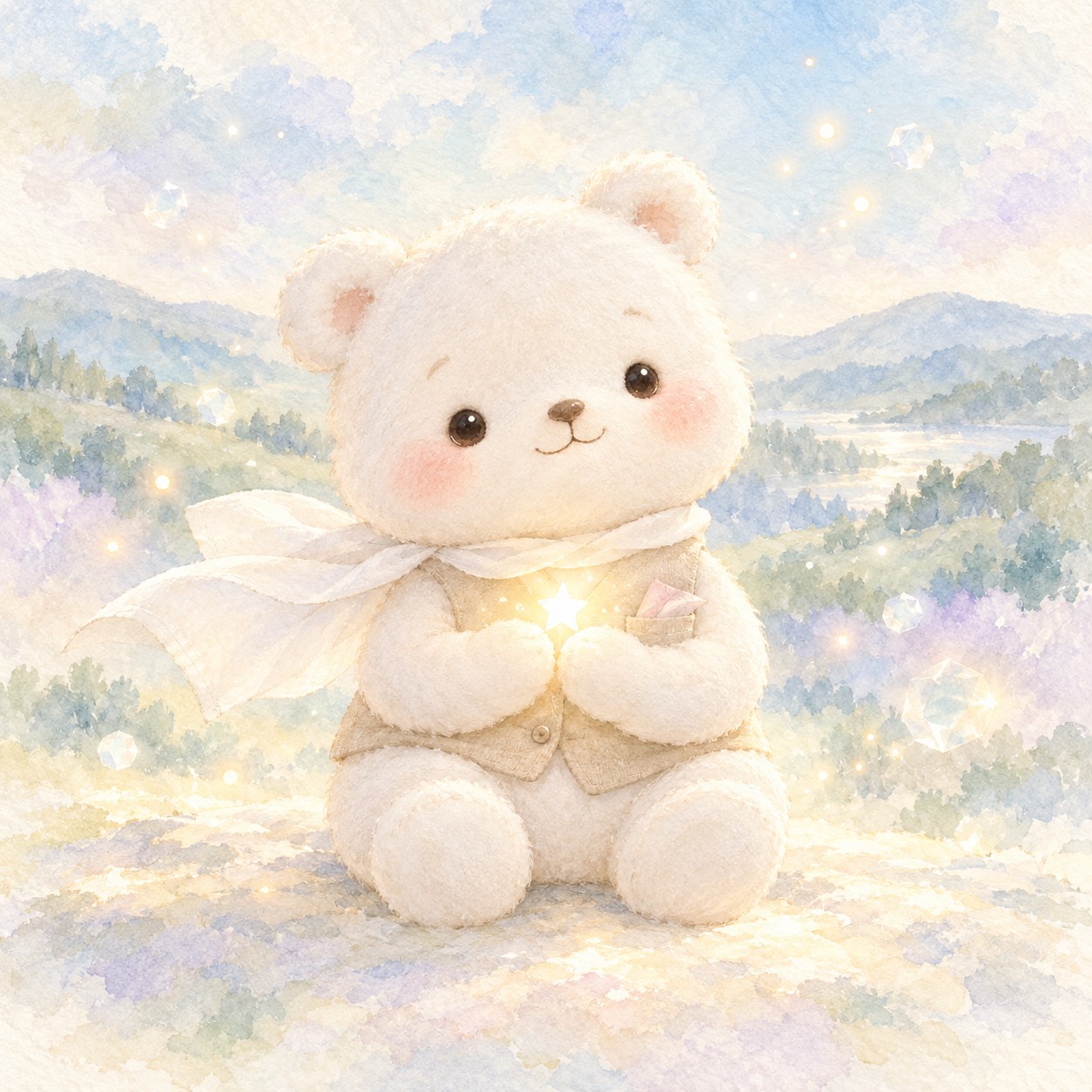 白いハンカチの体にベストを着て、小さな光を抱くくまちゃん。淡い水彩の絵本風イラスト